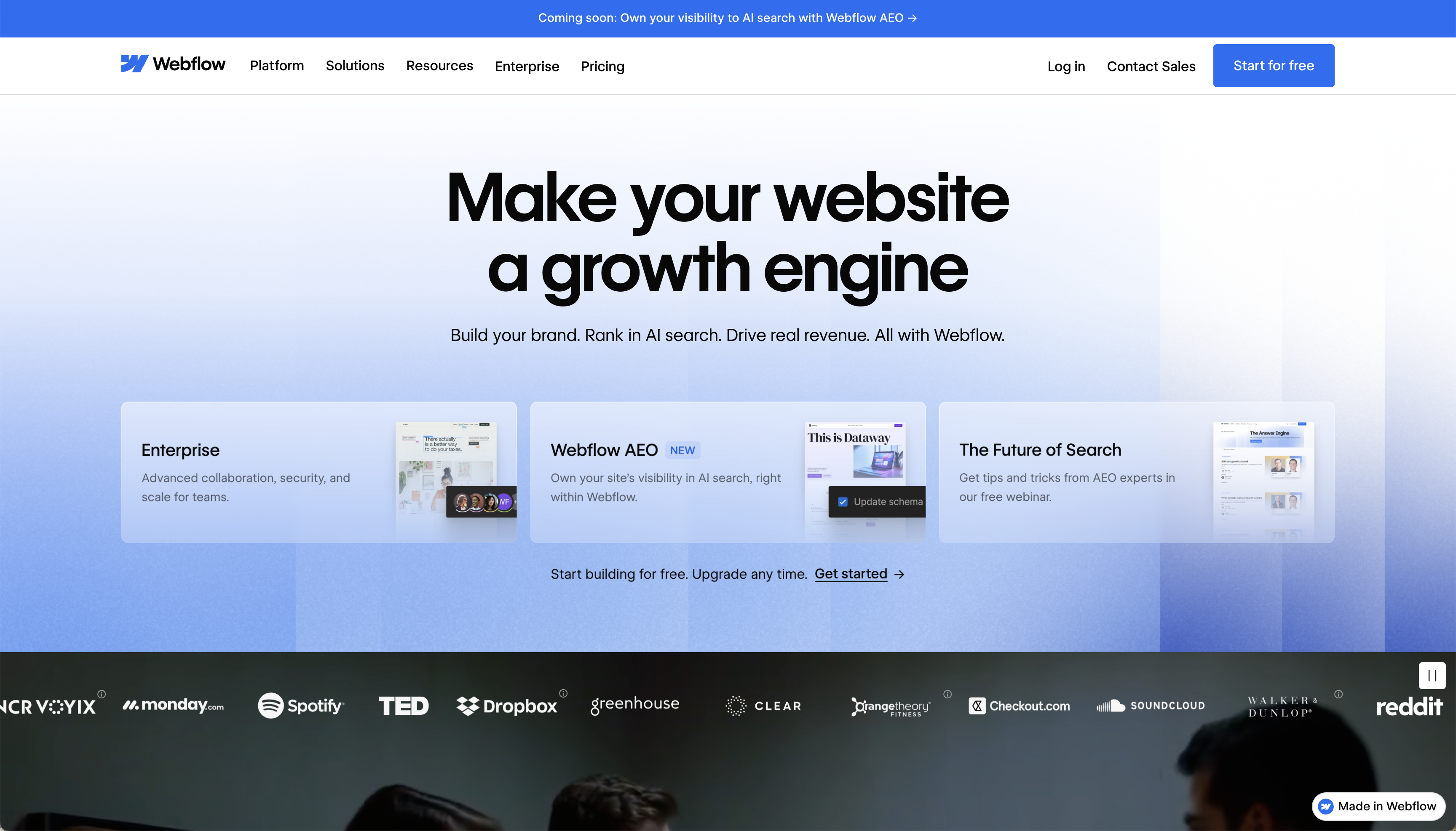 Webflow 홈페이지 제작 툴 메인 화면, 전문가용 노코드 웹사이트 빌더
